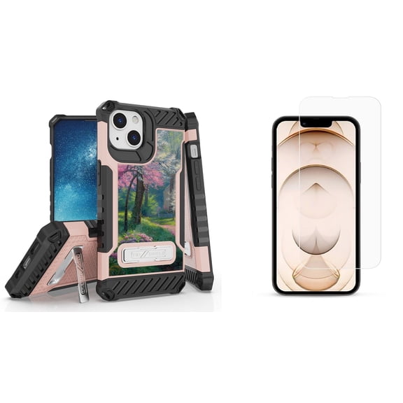 Bemz iPhone 13 Bundle: Tri Shield Shockproof Armor Rugged Case (Spring Church), Premium Glass Screen Protectors (2-Pack)