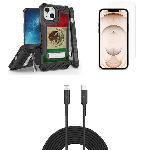 Bemz iPhone 13 Bundle: Tri Shield Shockproof Armor Rugged Case (Vintage Mexico Flag), Premium Glass Screen Protectors (2-Pack), USB-C to Lightning Cable (3.3ft/1m)