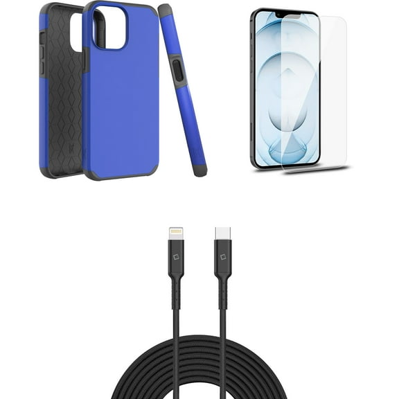 Bemz iPhone 13 Mini Bundle: Dual Layer Shockproof Protection Case, Glass Screen Protectors (2-Pack), USB-C to Lightning Cable (3.3ft/1m) and Touch Tool Keychain - Classic Blue