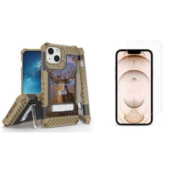 Bemz iPhone 13 Mini Bundle: Tri Shield Military Grade Armor Rugged Case (Deer Buck), Premium Glass Screen Protectors (2-Pack)