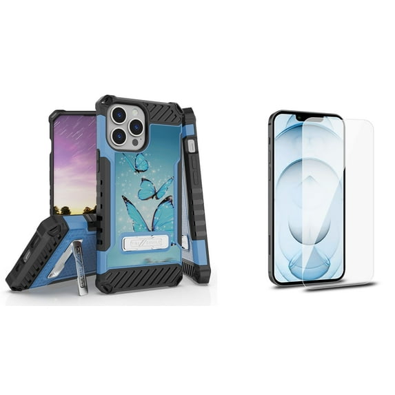 Bemz iPhone 13 Pro Bundle: Tri Shield Shockproof Armor Rugged Case (Blue Butterfly), Premium Glass Screen Protectors (2-Pack)