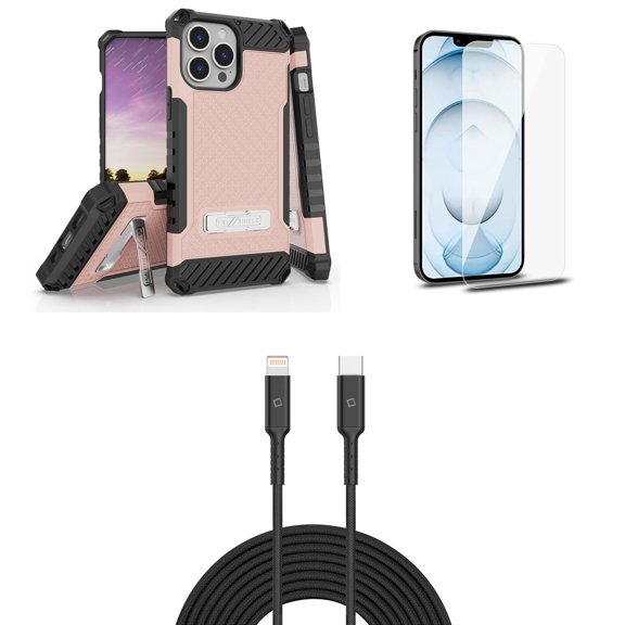 Bemz iPhone 13 Pro Bundle: Tri Shield Shockproof Armor Rugged Case (Pink), Premium Glass Screen Protectors (2-Pack), USB-C to Lightning Cable (3.3ft/1m)
