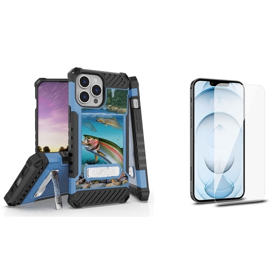 Bemz iPhone 13 Pro Bundle: Tri Shield Shockproof Armor Rugged Case (Trout Fish), Premium Glass Screen Protectors (2-Pack)