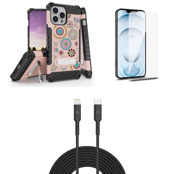Bemz iPhone 13 Pro Max Bundle: Tri Shield Shockproof Armor Rugged Case (Circle Collage), Premium Glass Screen Protectors (2-Pack), USB-C to Lightning Cable (3.3ft/1m)