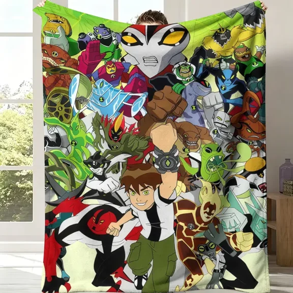 Ben 10 Flannel Fabric Throw Blanket - Cartoon Printed Character-Themed Blanket, Classic Retro Design, Bright Green Alien Print Background, Central Ben Tennyson Omnitrix Pose, Stain Resistant