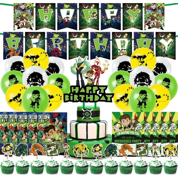 Ben 10 Theme Cartoon style Birthday Decoration KitsParty Supplies Including Banner, Balloons, Cake Toppers, Cupcake ToppersInvitation Cards.