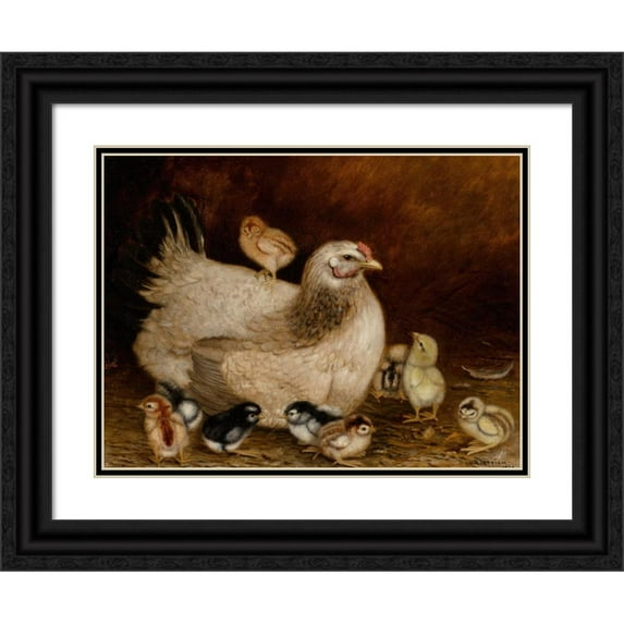 Ben Austrian 24x19 Black Ornate Framed Double Matted Museum Art Print Titled: Mother Hen and Chicks (1907)