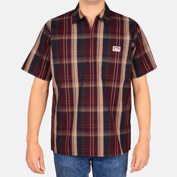Ben Davis 1/2 Zip Short Sleeve Plaid Shirt (XL) Burgundy