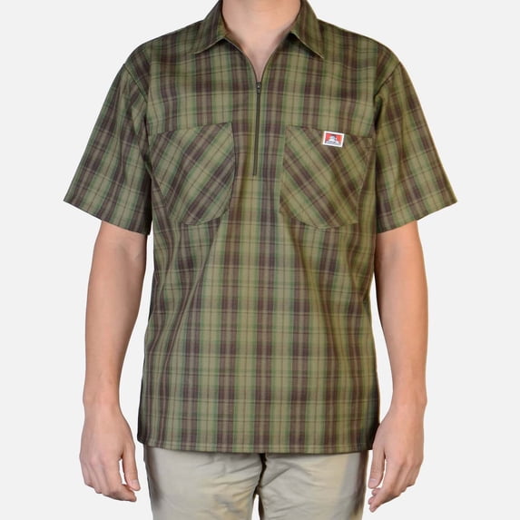 Ben Davis 1/2 Zip Plaid Short Sleeved Shirt Olive Large (138)
