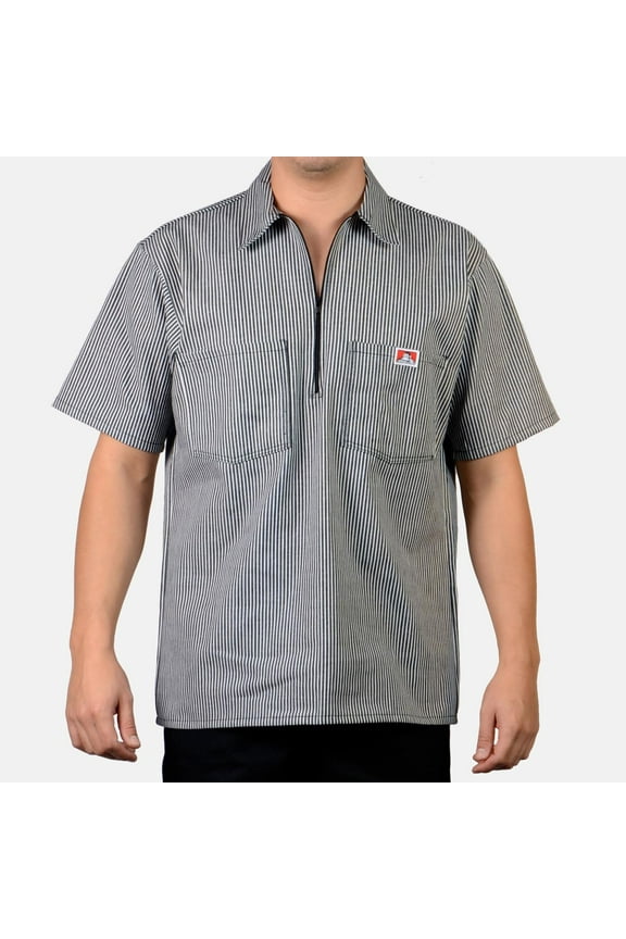 Men's Short Slv Cotton Blend Pockets 1/2 Zip Shirt Black Stripe 4XL