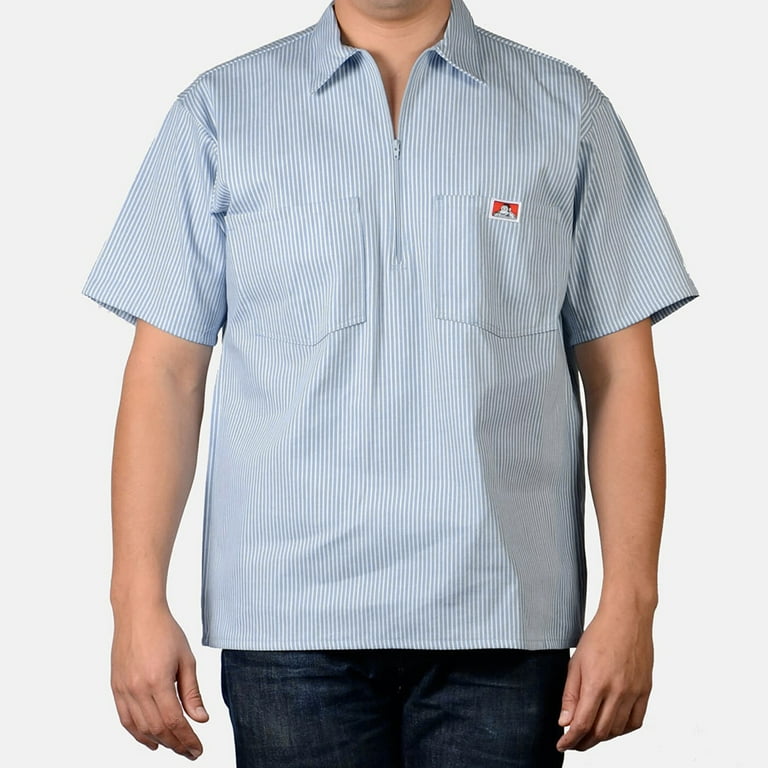 【BAON】[unisex] Lebble Pocket Stripe Short Sleeve Over SH Ben Davis Men's XL Blue Stripe 1/2 Zip Shirt, Short Sleeve