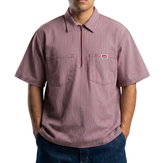 Ben Davis Men's Short Slv Cotton Blend Pockets 1/2 Zip Shirt Burgundy Stripe 174-3XL