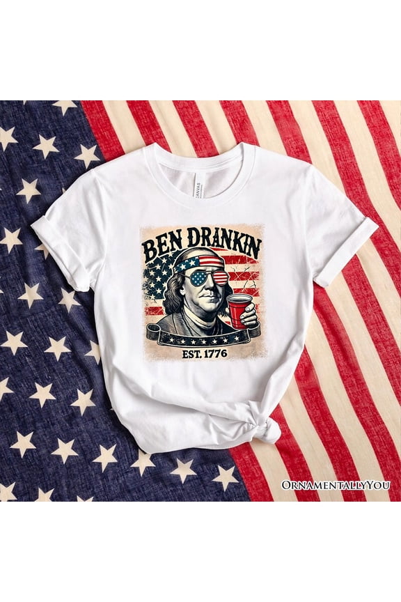 Ben Drankin Funny 4th of July T-Shirt, White, Navy and Black Patriotic Tee With Benjamin Franklin
