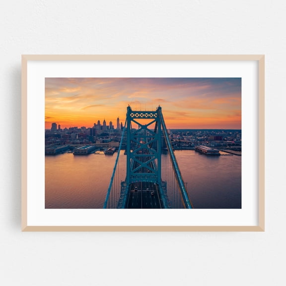 Ben Franklin Bridge 01 - Philadelphia Pennsylvania Photography Bridge Sunset Skyline City Architecture Travel Poster Oak Framed Wall Art Print 5 x 7 inches