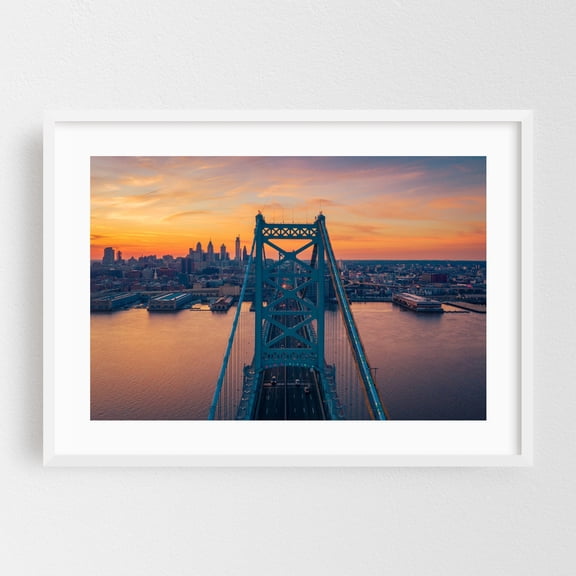 Ben Franklin Bridge 01 - Philadelphia Pennsylvania Photography Bridge Sunset Skyline City Architecture Travel Poster White Framed Wall Art Print 5 x 7 inches