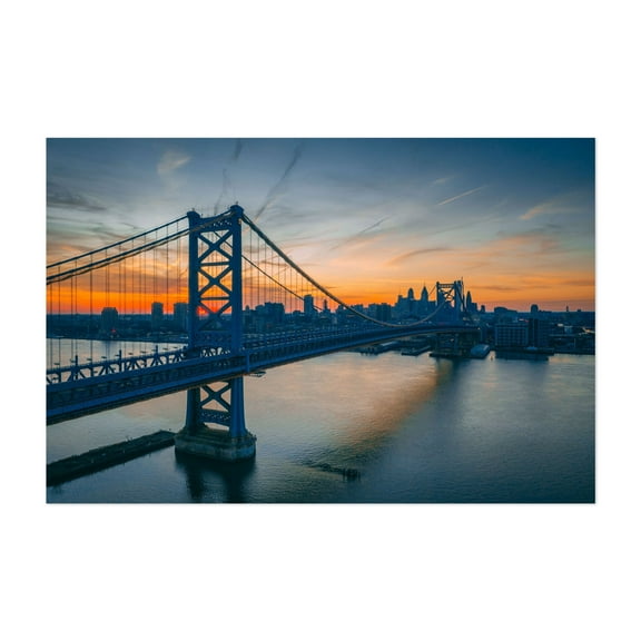 Ben Franklin Bridge 02 - Philadelphia Pennsylvania Photography Bridge Cityscape Sunset Skyline Water Architecture Scenic Unframed Wall Art Print 4 x 6 inches