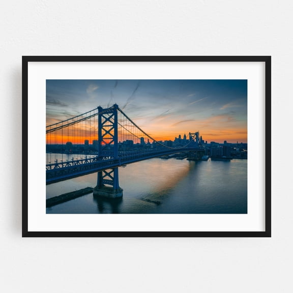 Ben Franklin Bridge 02 - Philadelphia Pennsylvania Photography Bridge Cityscape Sunset Skyline Water Architecture Scenic Black Framed Wall Art Print 5 x 7 inches