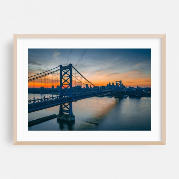 Ben Franklin Bridge 02 - Philadelphia Pennsylvania Photography Bridge Cityscape Sunset Skyline Water Architecture Scenic Oak Framed Wall Art Print 5 x 7 inches