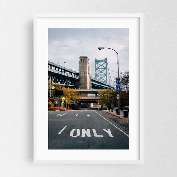 Ben Franklin Bridge along Race - Philadelphia Pennsylvania Photography Bridge Street Photography Autumn City Architecture Travel Poster White Framed Wall Art Print 5 x 7 inches
