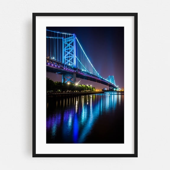 The Ben Franklin Glow - Philadelphia Pennsylvania Photography Bridge Nightlife Architecture Neon Sign City Skyline Black Framed Wall Art Print 8 x 10 inches