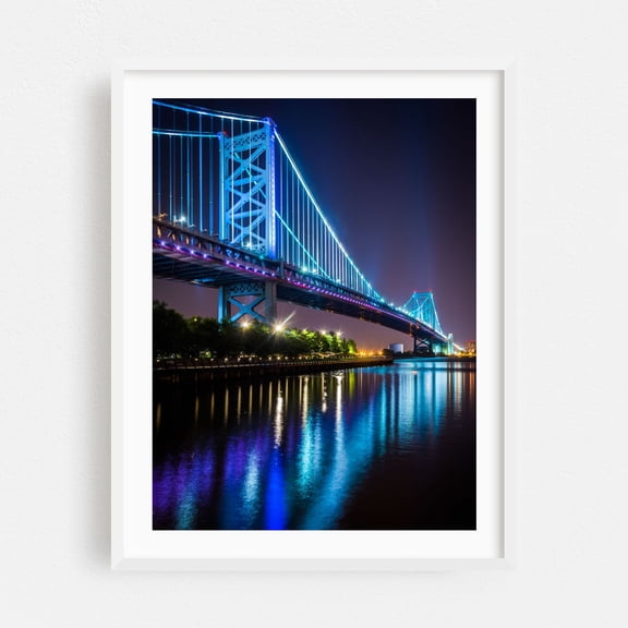 The Ben Franklin Glow - Philadelphia Pennsylvania Photography Bridge Nightlife Architecture Neon Sign City Skyline White Framed Wall Art Print 5 x 7 inches