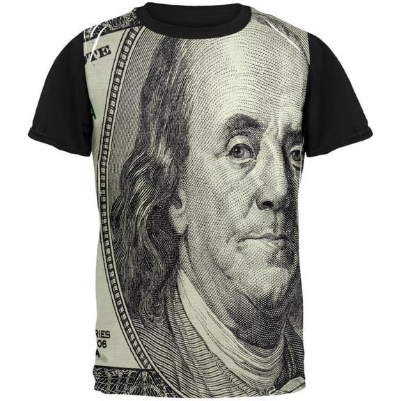 Ben Franklin Hundred Dollar Bill Adult Black Back T-Shirt - Medium