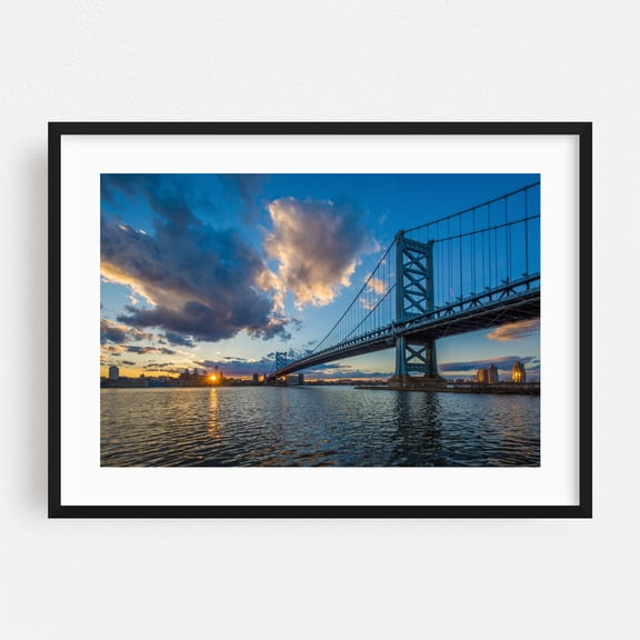 The Ben Franklin - Philadelphia Pennsylvania Photography Bridge Sunset City Water Skyline Architecture Scenic Black Framed Wall Art Print 5 x 7 inches