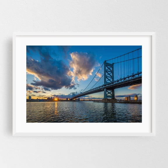 The Ben Franklin - Philadelphia Pennsylvania Photography Bridge Sunset City Water Skyline Architecture Scenic White Framed Wall Art Print 5 x 7 inches
