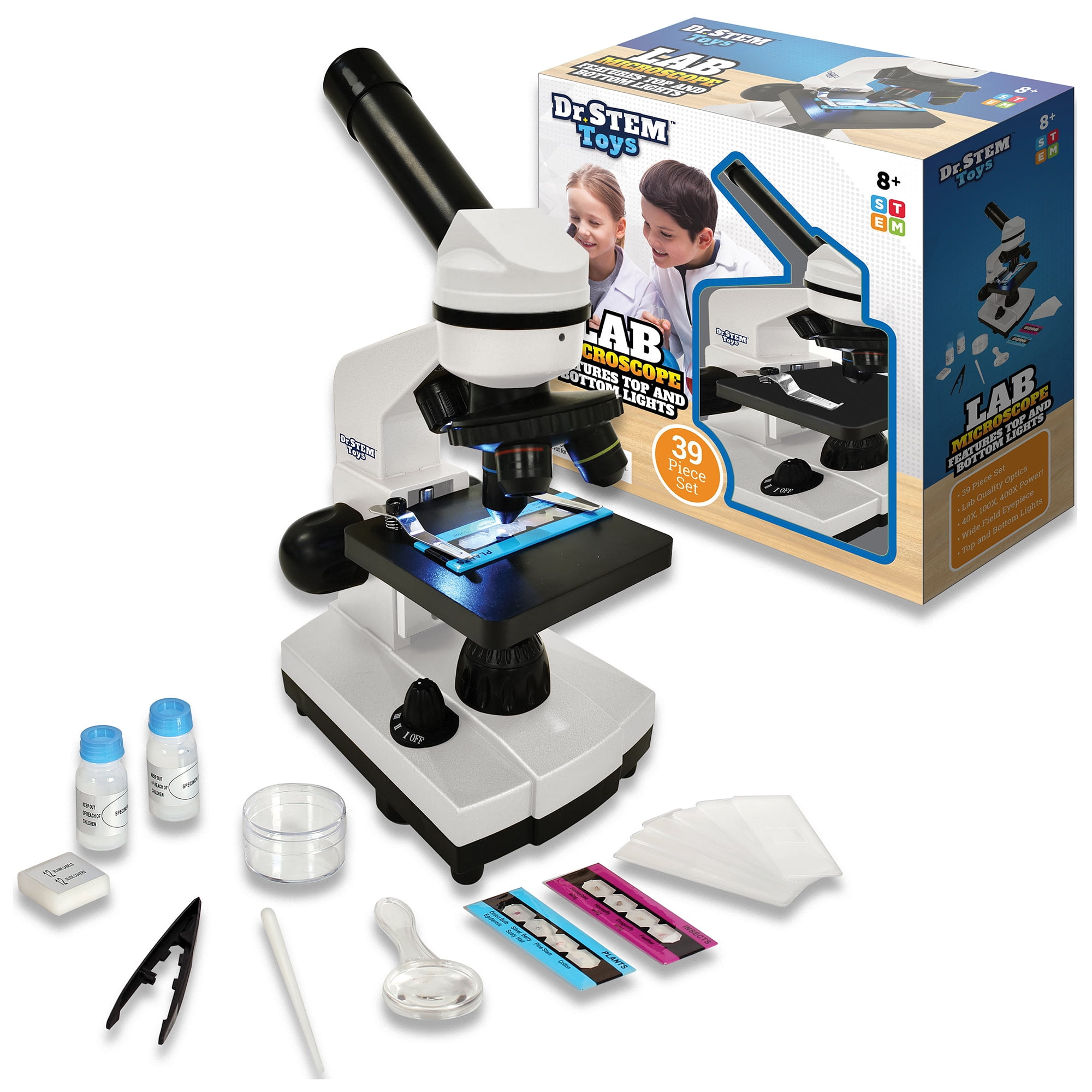 Dr. STEM: Lab Microscope - 39pc Science Kit, Specimen Slides, Petri Dish, Adjustable Lense Magnification & Lights, Examination Accessories, Kids 8+