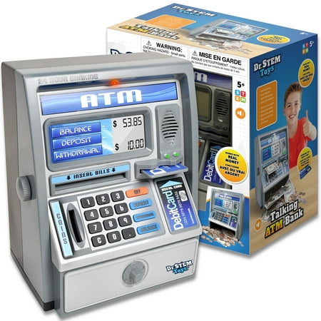 Dr. STEM: Talking ATM Bank - Light & Sounds Toy, Real Money Piggy Bank, Digital Screen, Bill Feeder & Electronic Calculator, Play Bank Card, Kids 5+