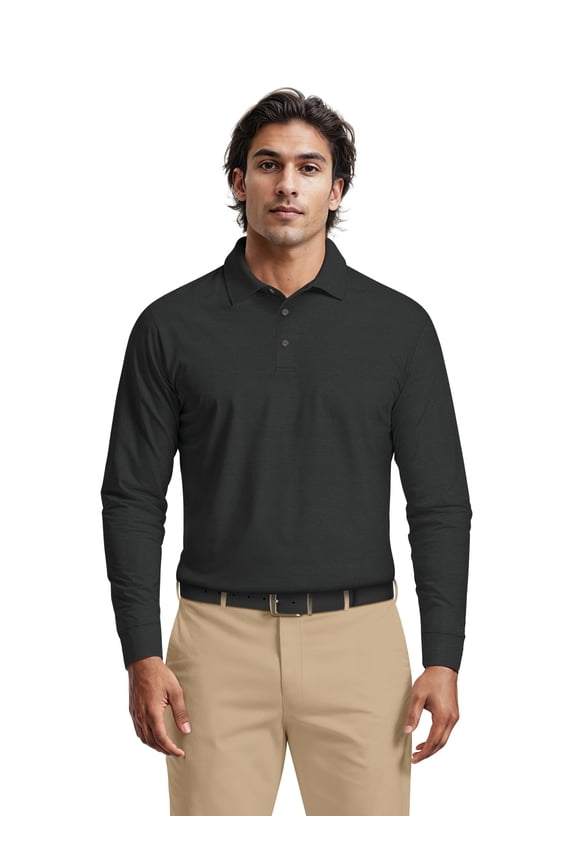 Men's & Big Men's Performance Long Sleeve Heather Stripe Polo – Moisture Wicking, Easy Care, S-5XL
