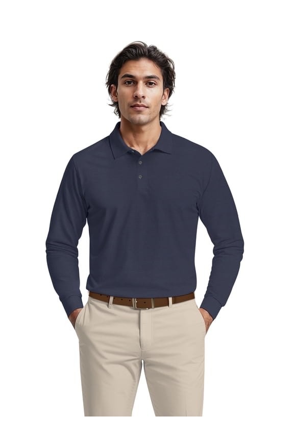 Men's & Big Men's Performance Long Sleeve Heather Stripe Polo – Moisture Wicking, Easy Care, S-5XL