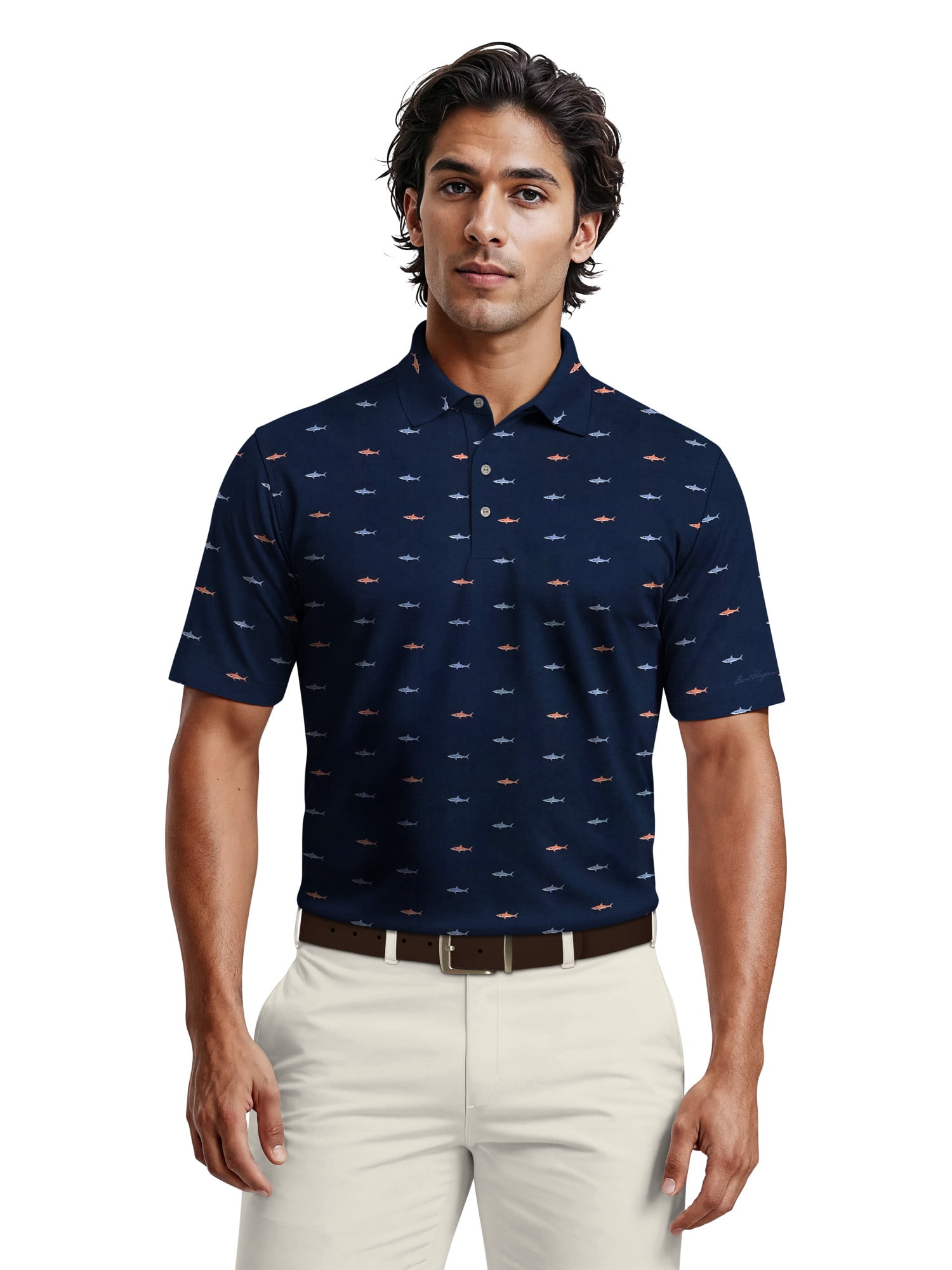 Ben Hogan Men's & Big Men's Performance Shark Print Golf Short Sleeve Polo Shirt, up to 5XL