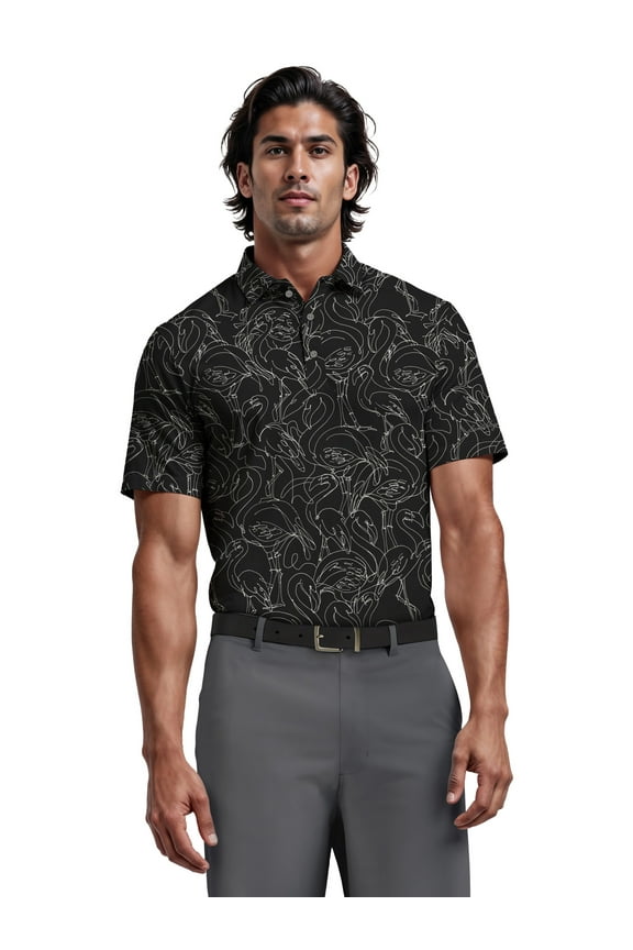 Men's and Big Men’s Linear Flamingo Print Short Sleeve Golf Polo Shirt, up to Size 5XL