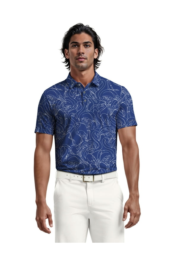 Men's and Big Men’s Linear Flamingo Print Short Sleeve Golf Polo Shirt, up to Size 5XL