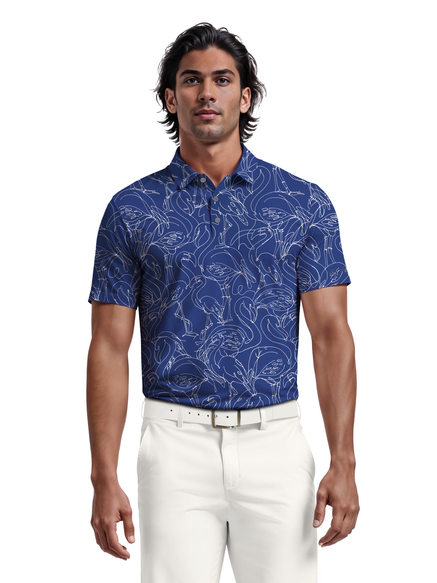 Ben Hogan Men's and Big Men’s Linear Flamingo Print Short Sleeve Golf Polo Shirt, up to Size 5XL