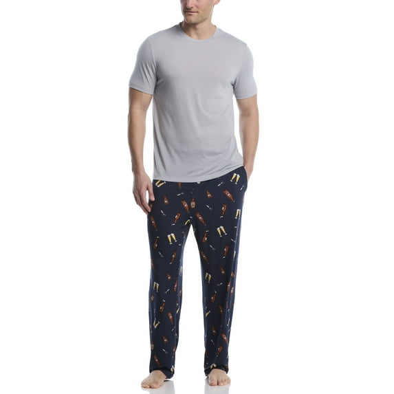 Ben Hogan Men's and Big Men's Set of Short Sleeve Solid Crew Shirt with Cold Drinks Conversational Deluxe Touch Sleep Lounge Pant, Size S-2XL