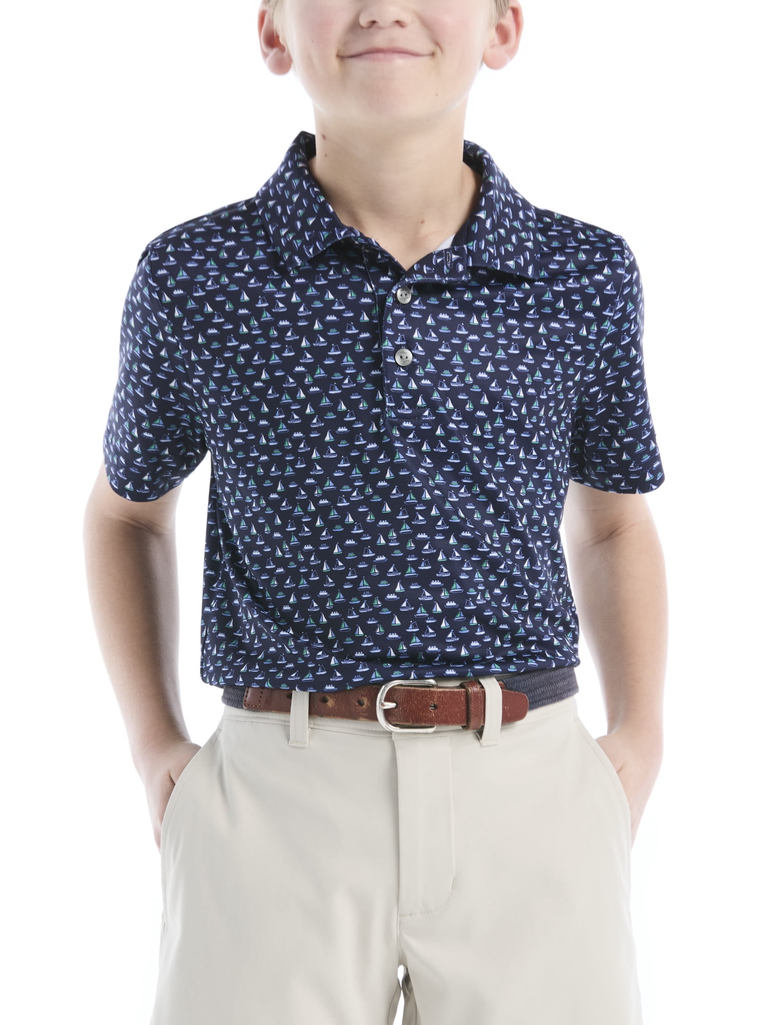 Ben Hogan Performance Little Boys and Big Boys Ships and Boats Printed Short Sleeve Golf Polo Shirt, Sizes 4-18