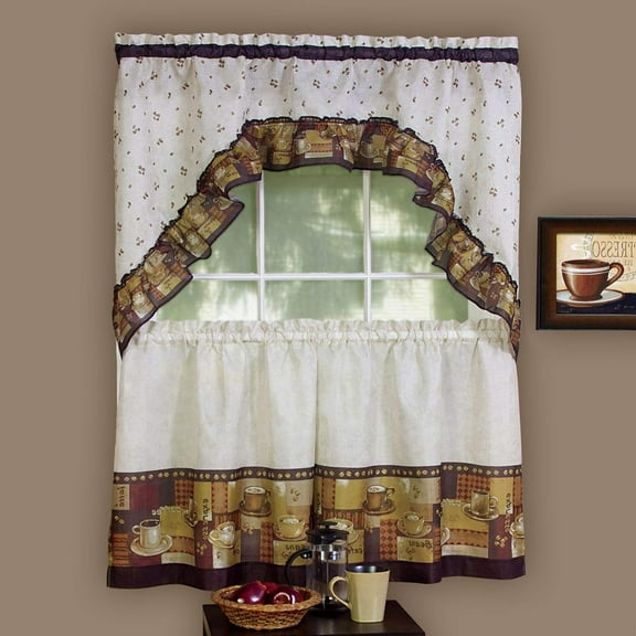 Ben&Jonah PrimeHome Collection Coffee - Printed Tier and Swag Window Curtain Set - 57x24 - Multi