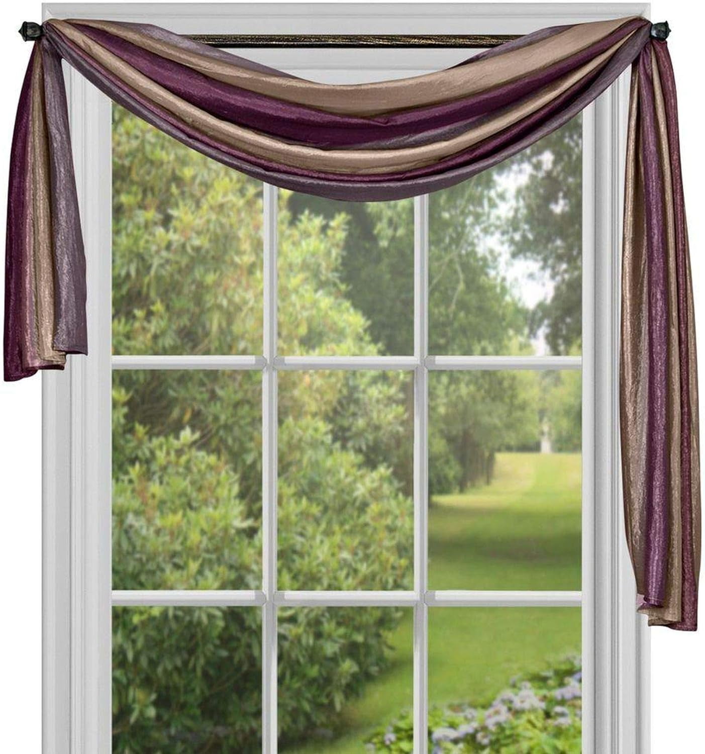 Aubergine Faux Silk Sheer Striped Window Scarf Panel