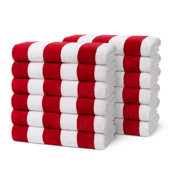 Ben Kaufman Joey Velour Striped Towel - Oversized & Absorbent Striped Beach Towels - Colorful Yarn Dye Stripe Cotton Towel for Swimming & More - Lightweight & Soft Swim Towels - Red, 12 Pack