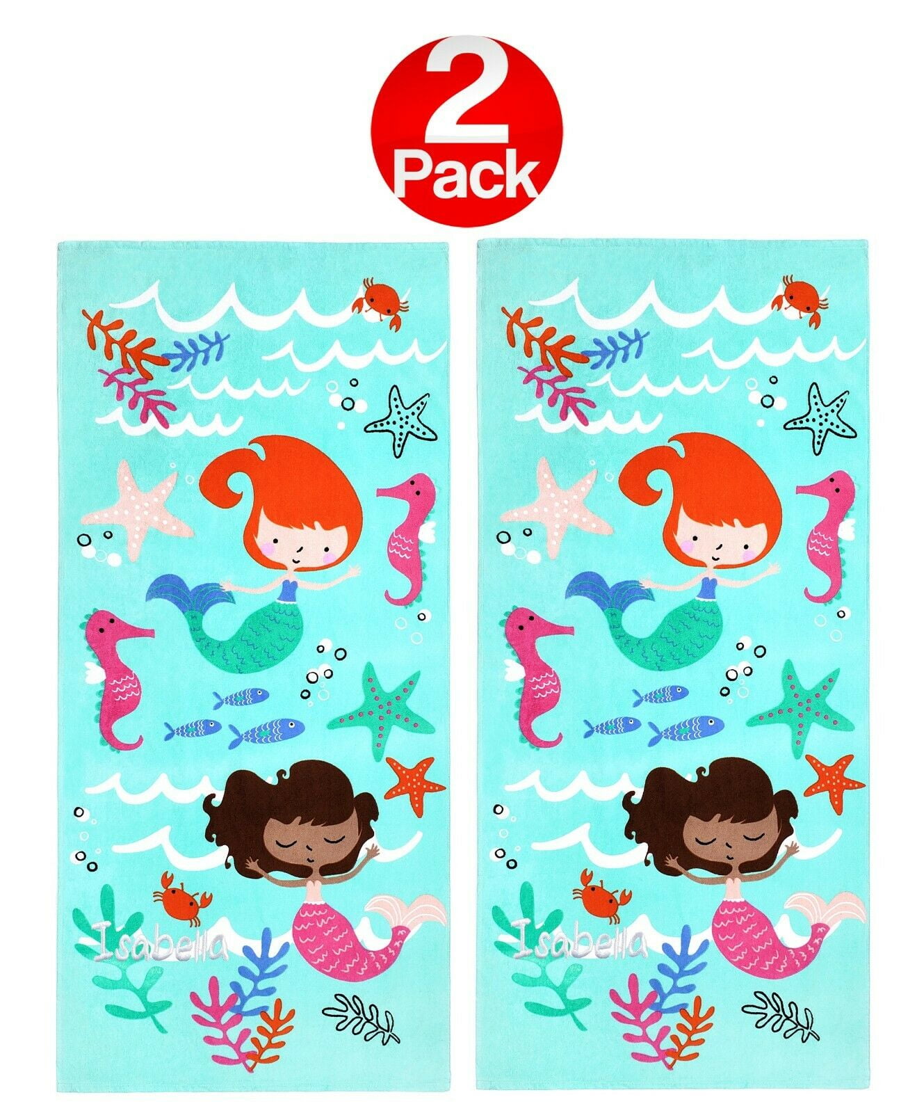 Ben Kaufman Printed Towel Set - Soft & Luxurious Printed Beach Towel with a Cool Design - Oversized Cotton Towel for Pool & Beach - Lightweight Towel for Swimming - Mermaid, 2 Pack