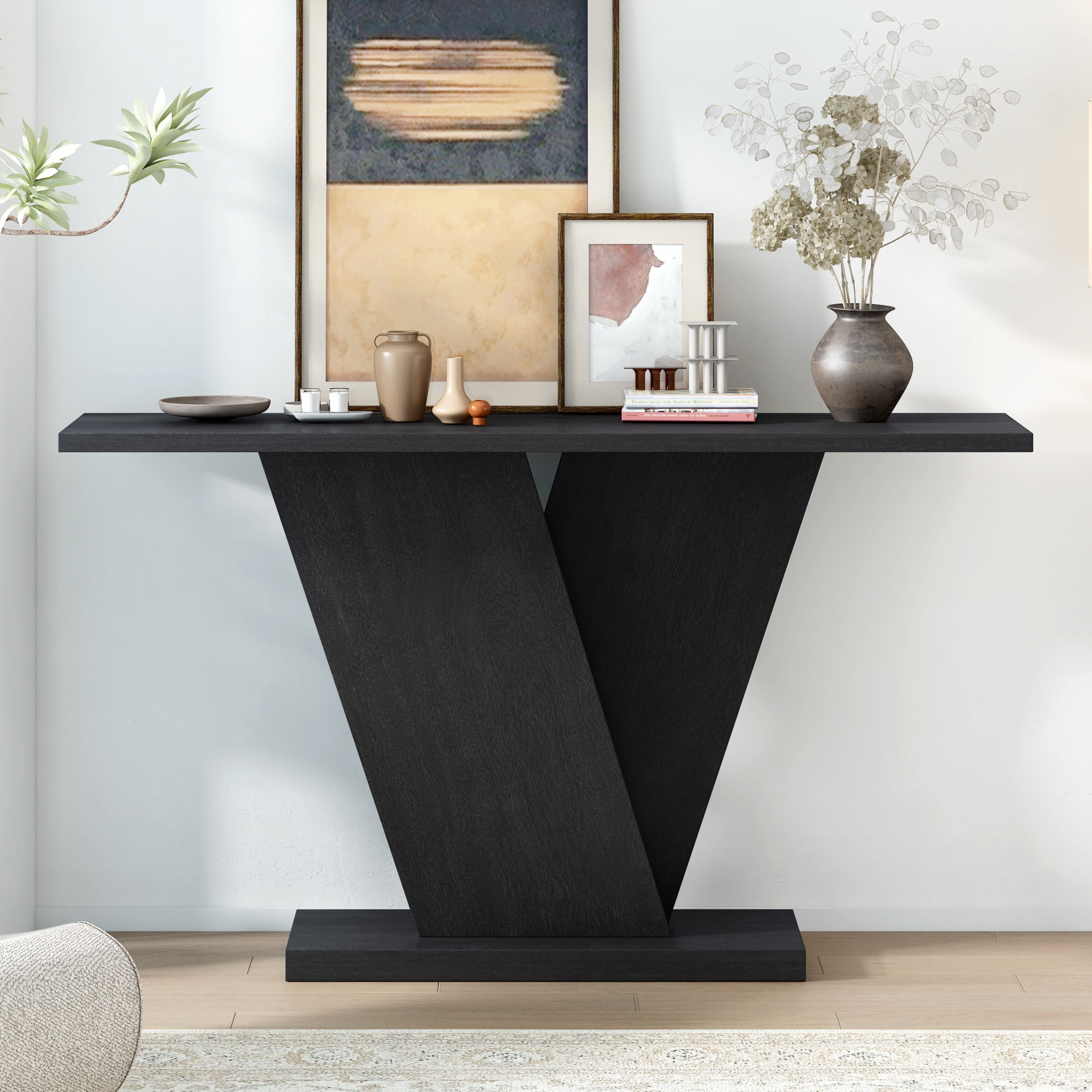Ben Minimalist Console Table with V-Base, Natural Wood Veneer Black