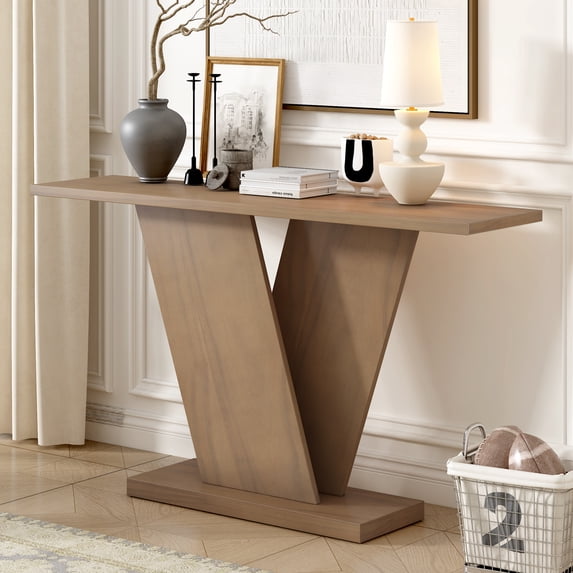 Ben Minimalist Console Table with V-Base, Natural Wood Veneer, Brown