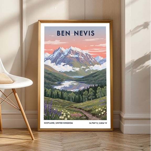 Ben Nevis Scotland Print: Pink, Blue & Green Landscape Art, Unframed Poster Size 8x12