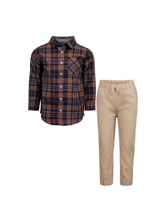 Clothes Boys 2-Piece Woven Pant Set – Long Sleeve Shirt & Matching Pants Outfit, Stylish Dressy Casual Look for School, Events & Daily Wear (2T–7)