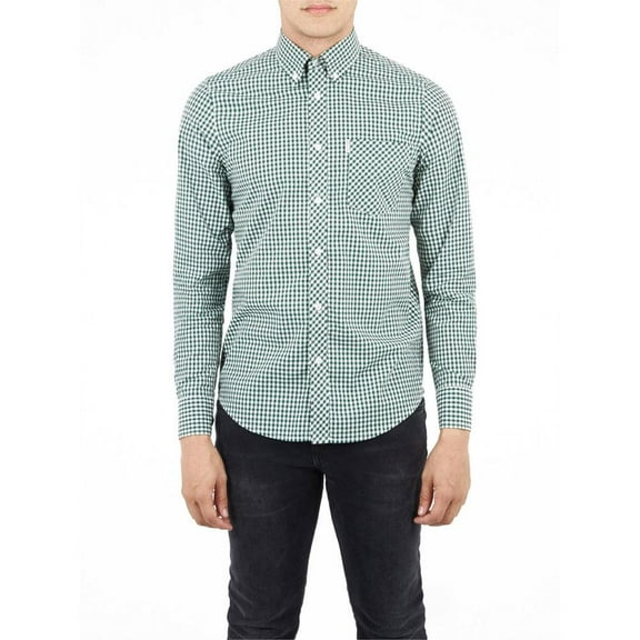 Ben Sherman - Gingham Mens Button-Up Long Sleeve Shirt Forest Green MD