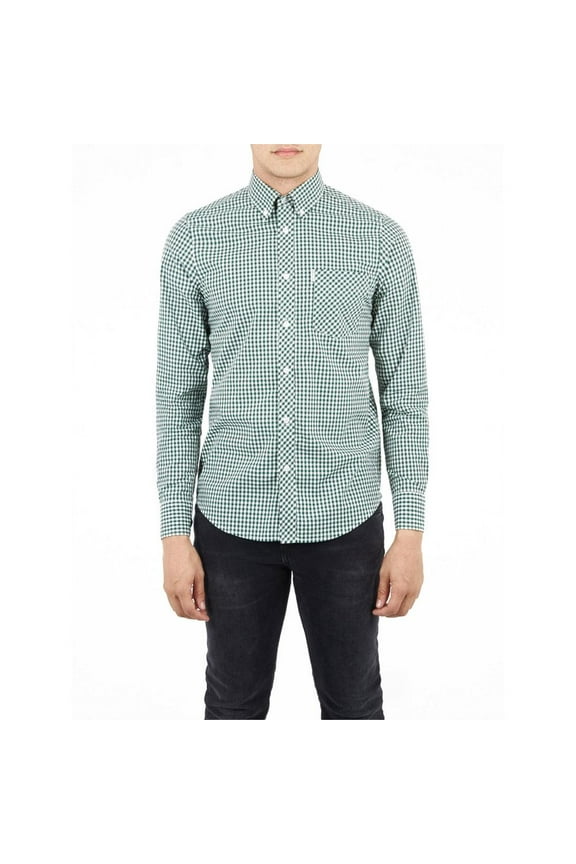 Ben Sherman - Gingham Mens Button-Up Long Sleeve Shirt Forest Green MD