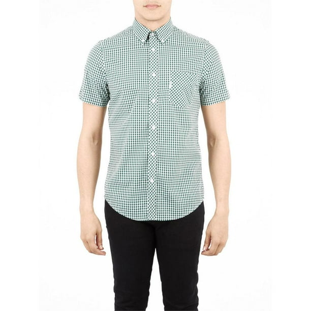 Ben Sherman Gingham Mens Button Up Short Sleeve Shirt Forest Green LG