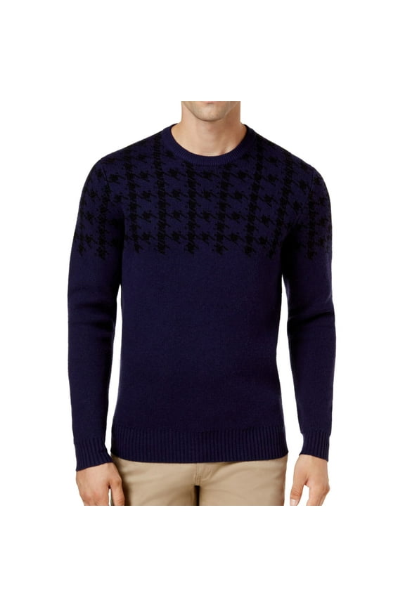 Mens Houndstooth Knit Sweater, Blue, X-Large